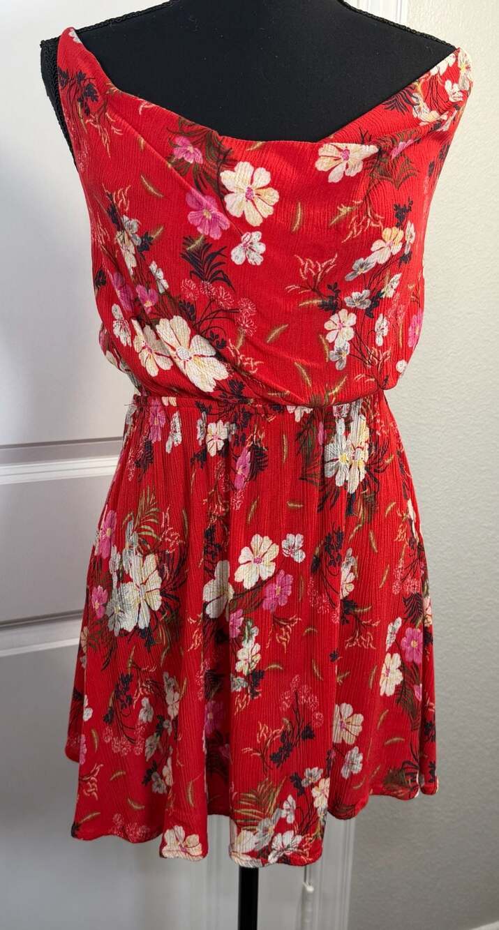O'Neill Red Floral Cowl Neck Mini Dress Size M - Picture 1 of 6